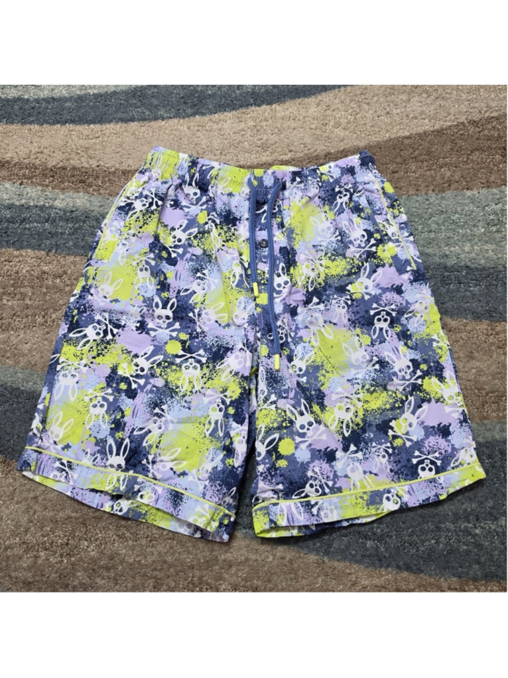 Psycho Bunny Swim Trunks Mens M Skull Bunny Print Neon Paint Splatter Shorts
